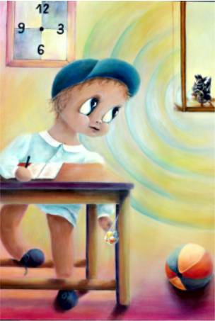"Bambino a Scuola"; acrilico su tela di Aurora Mazzoldi