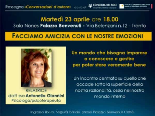 Locandina della conferenza di Antonella Giannini alla Cassa Rurale di Trento. Aprile 2024