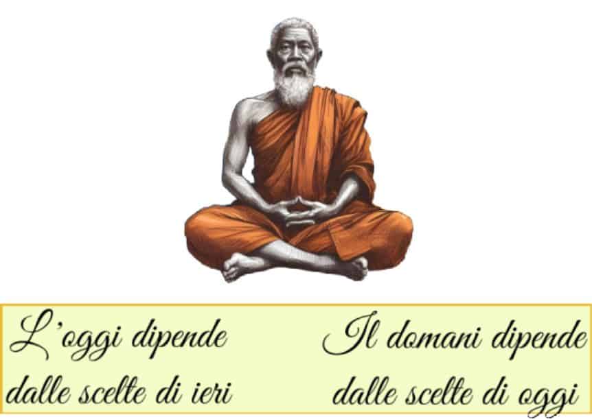 Saggio in posizione del loto con scritta sulle scelte di oggi e domani